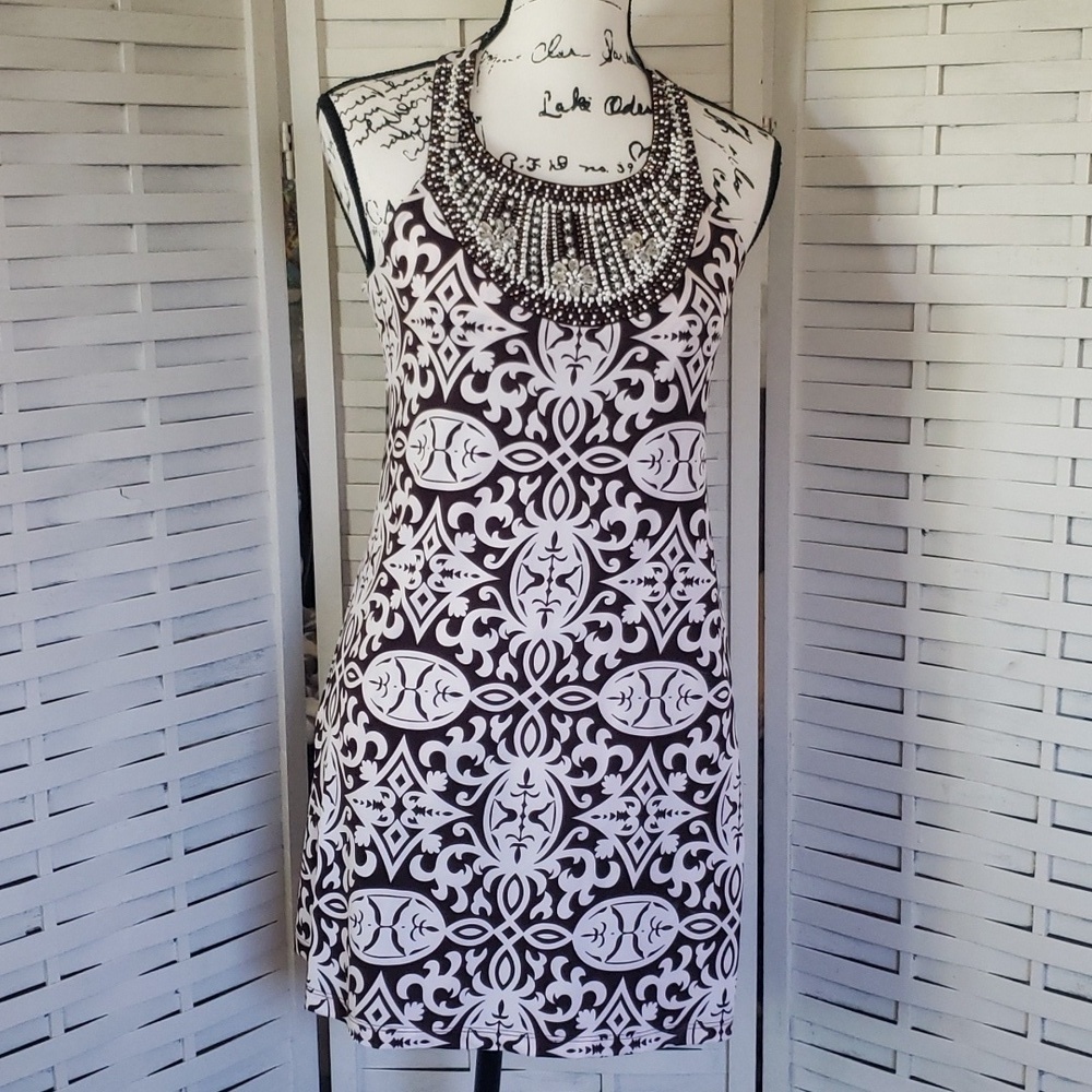 INC brown and white print beaded collar sleeveless and backless mini dress S